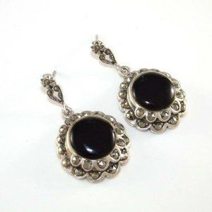 Vintage Silver Black Onyx Marcsite Flower Dangle Earrings
